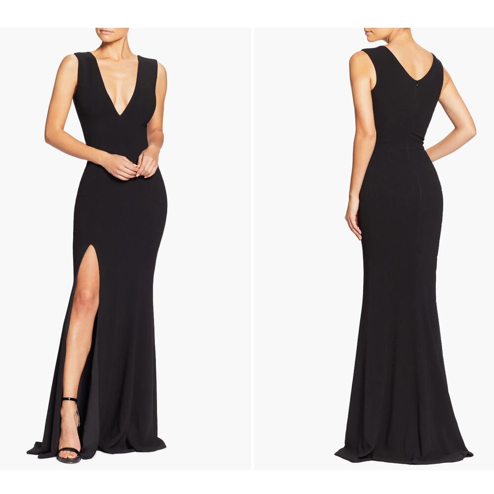 Dress The Population Black Sandra Plunge Crepe Trumpet Gown Dress XS